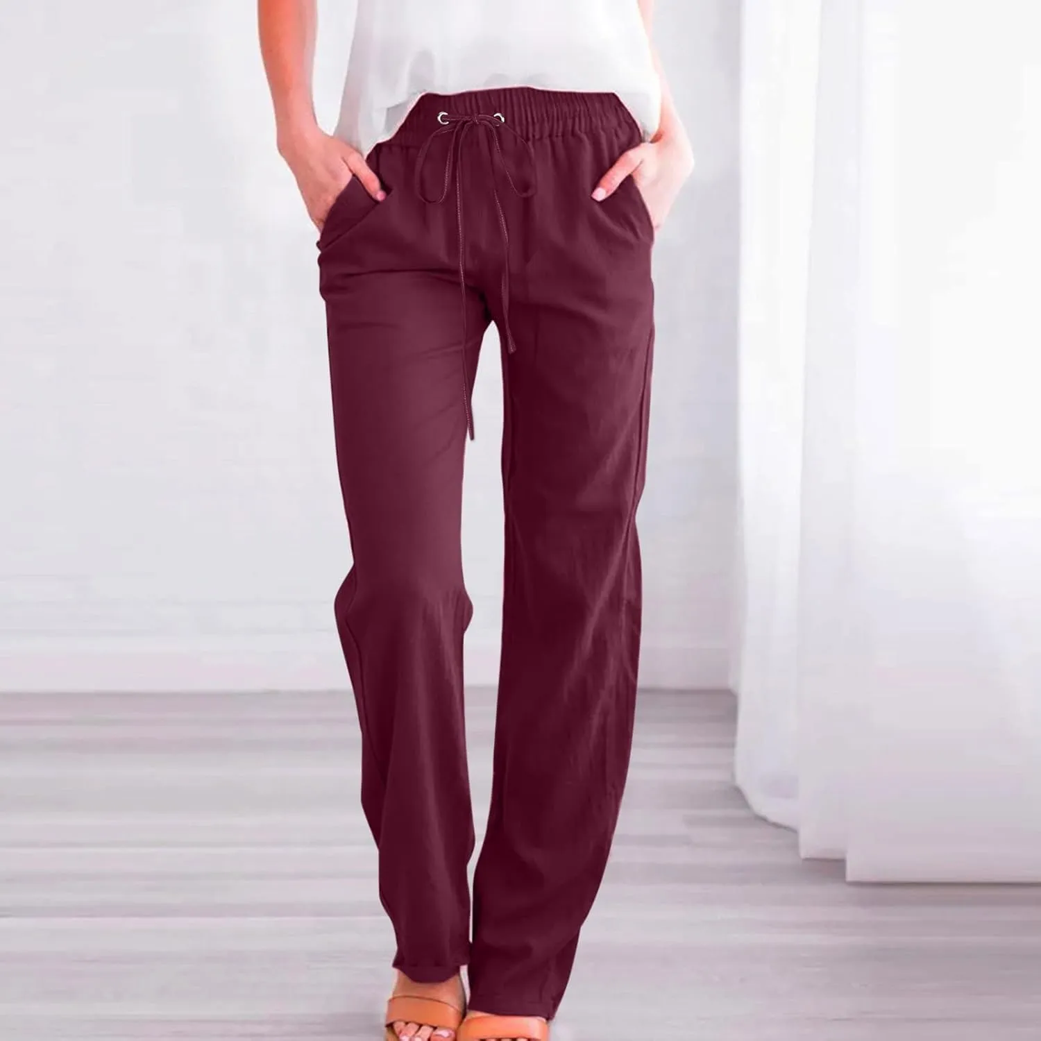 Womens Pants Dressy Casual 2024 Summer Drawstring Linen Pants Elastic Waist Trouser with Pockets Lounge Straight Pant