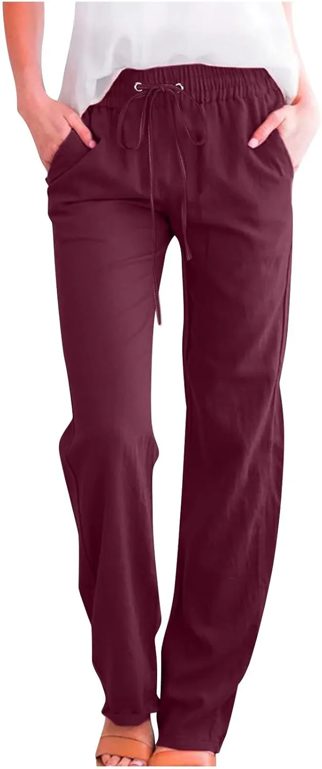 Womens Pants Dressy Casual 2024 Summer Drawstring Linen Pants Elastic Waist Trouser with Pockets Lounge Straight Pant