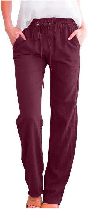 Womens Pants Dressy Casual 2024 Summer Drawstring Linen Pants Elastic Waist Trouser with Pockets Lounge Straight Pant