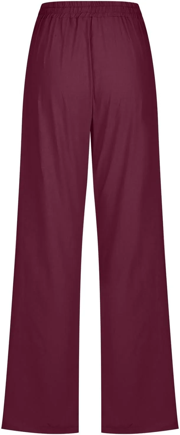 Womens Pants Dressy Casual 2024 Summer Drawstring Linen Pants Elastic Waist Trouser with Pockets Lounge Straight Pant