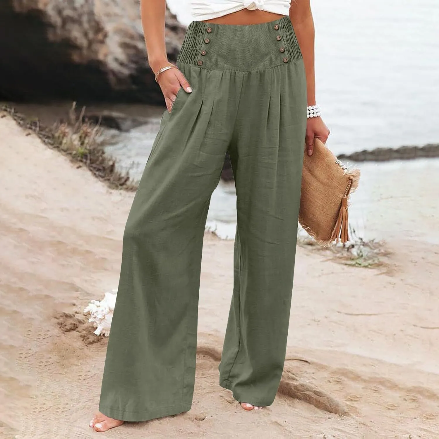 Womens Pants Summer Cotton Linen Wide Leg Pants Loose Palazzo Trouser Elastic Waist Pocket Button Casual Sweatpants
