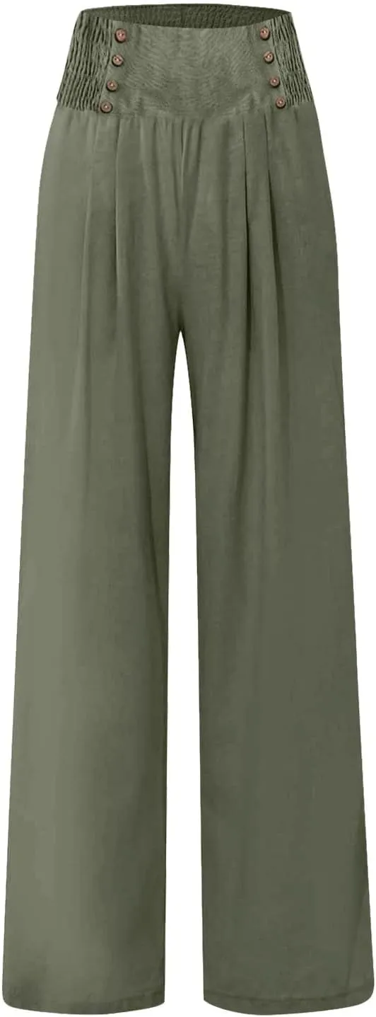 Womens Pants Summer Cotton Linen Wide Leg Pants Loose Palazzo Trouser Elastic Waist Pocket Button Casual Sweatpants