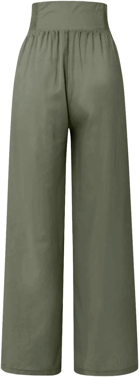 Womens Pants Summer Cotton Linen Wide Leg Pants Loose Palazzo Trouser Elastic Waist Pocket Button Casual Sweatpants