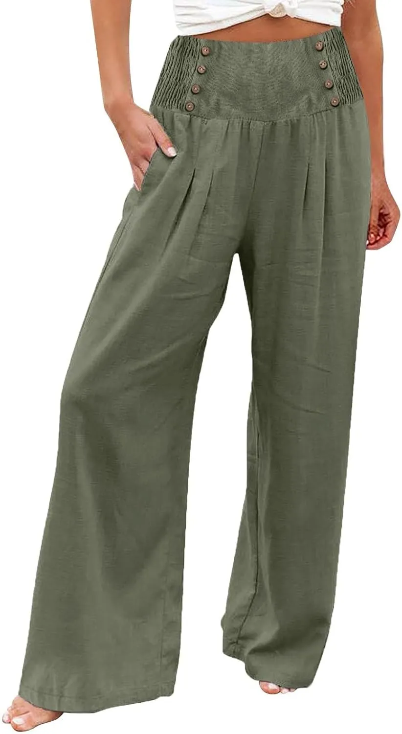 Womens Pants Summer Cotton Linen Wide Leg Pants Loose Palazzo Trouser Elastic Waist Pocket Button Casual Sweatpants