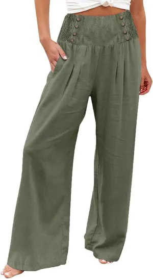 Womens Pants Summer Cotton Linen Wide Leg Pants Loose Palazzo Trouser Elastic Waist Pocket Button Casual Sweatpants