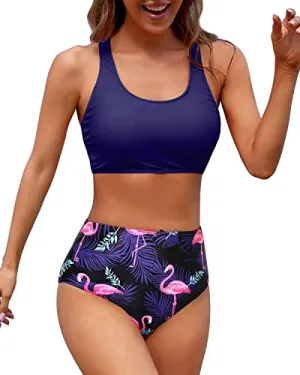 Women's Scoop Neck Bathing Suit For Teen Girls-Blue Flamingo