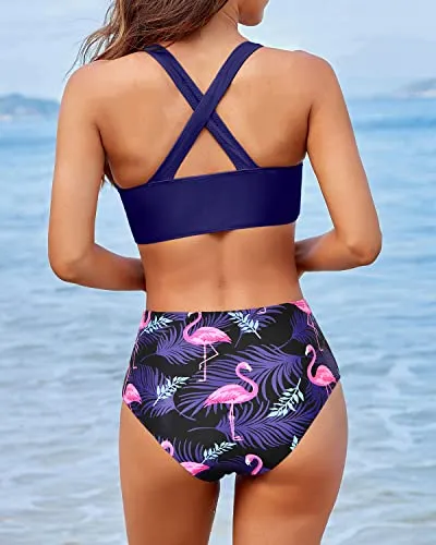 Women's Scoop Neck Bathing Suit For Teen Girls-Blue Flamingo