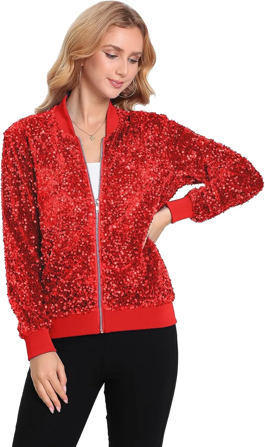 Women's Sequin Jacket Long Sleeve Blazer Glitter Front Zip With Pockets Casual Sparkly Party Velvet Bomber