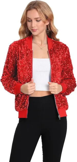 Women's Sequin Jacket Long Sleeve Blazer Glitter Front Zip With Pockets Casual Sparkly Party Velvet Bomber