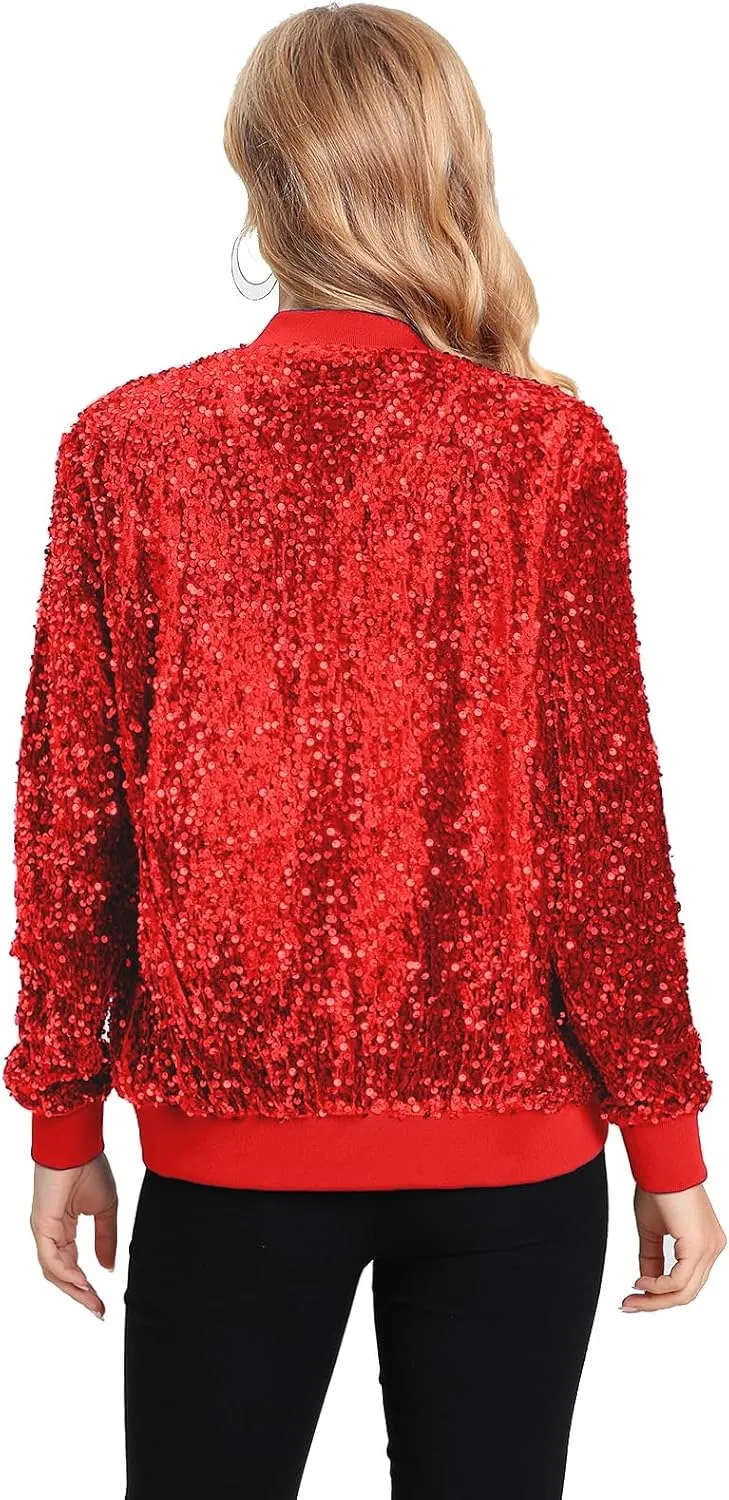 Women's Sequin Jacket Long Sleeve Blazer Glitter Front Zip With Pockets Casual Sparkly Party Velvet Bomber