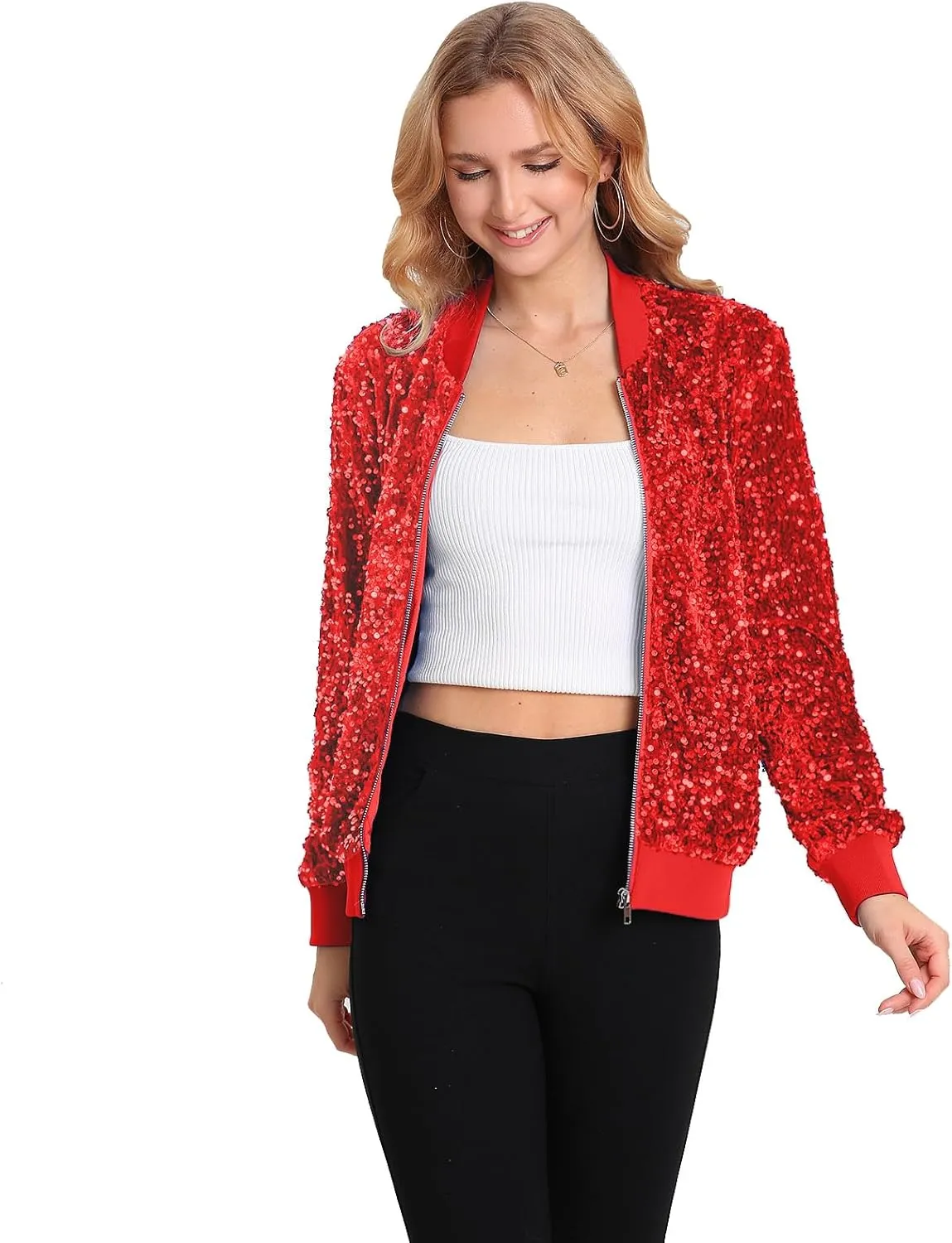 Women's Sequin Jacket Long Sleeve Blazer Glitter Front Zip With Pockets Casual Sparkly Party Velvet Bomber
