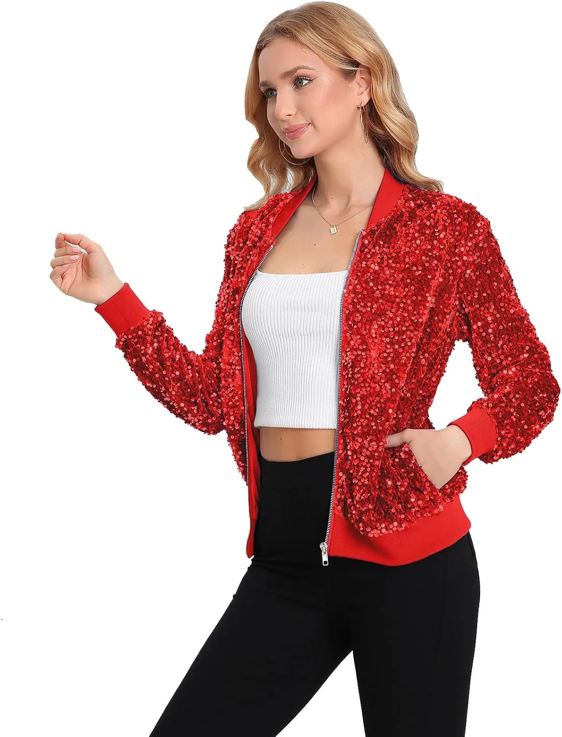Women's Sequin Jacket Long Sleeve Blazer Glitter Front Zip With Pockets Casual Sparkly Party Velvet Bomber