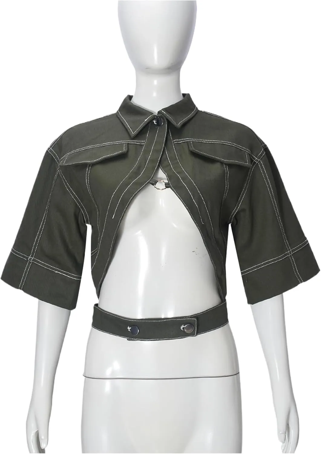 Women's Sexy Short Sleeve Cropped Lapel Jacket Cut Out Y2k Button Down Top Clubwear