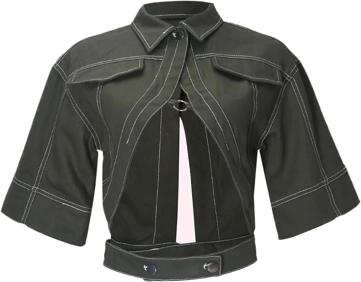 Women's Sexy Short Sleeve Cropped Lapel Jacket Cut Out Y2k Button Down Top Clubwear