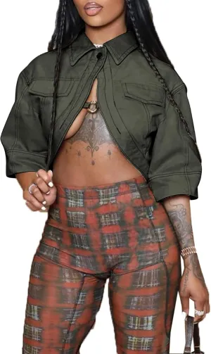 Women's Sexy Short Sleeve Cropped Lapel Jacket Cut Out Y2k Button Down Top Clubwear