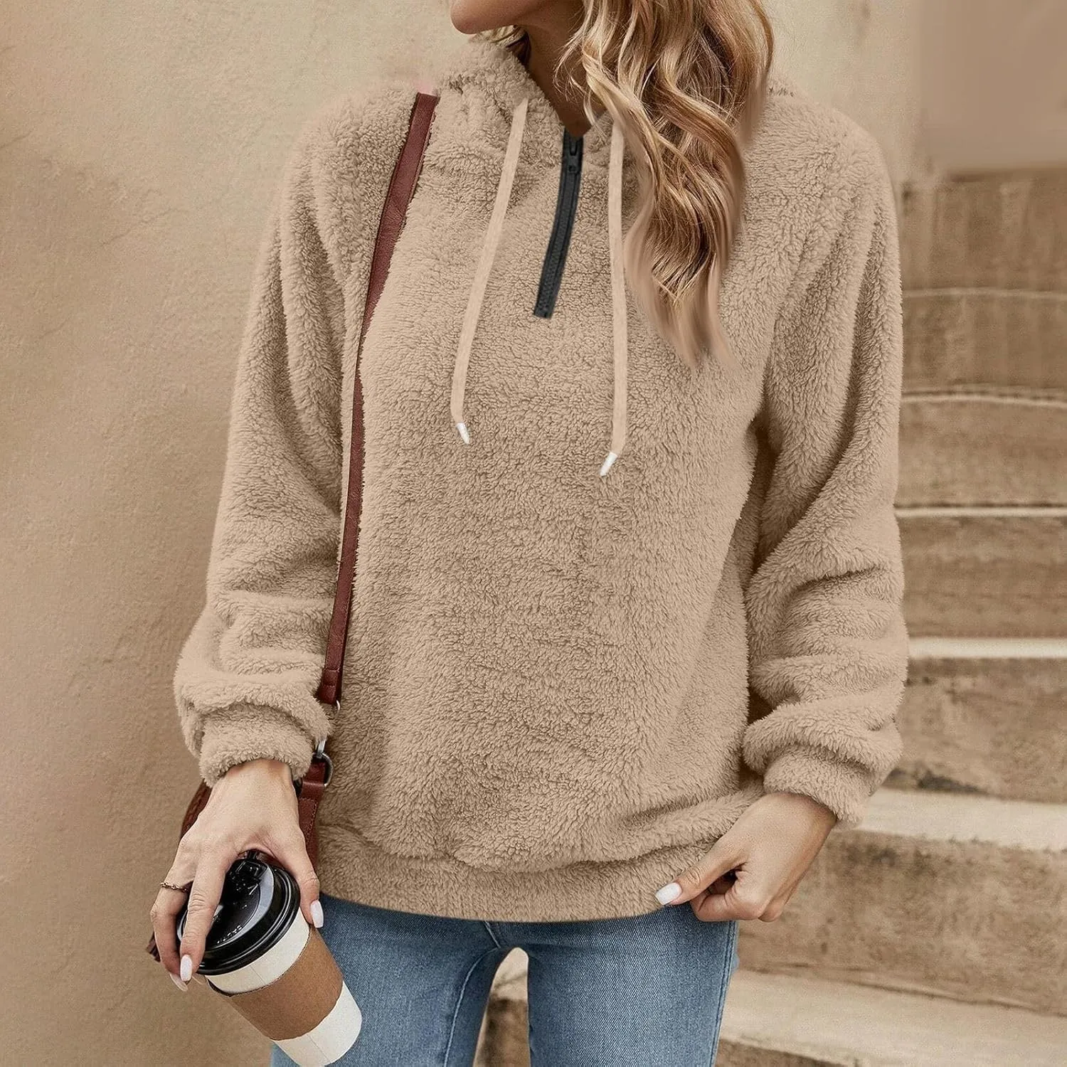 Women's Sherpa Quarter Zip Pullover Oversized Trendy comfy Hoodies Y2k Casual Drawstring Long Sleeve Sweatshirts