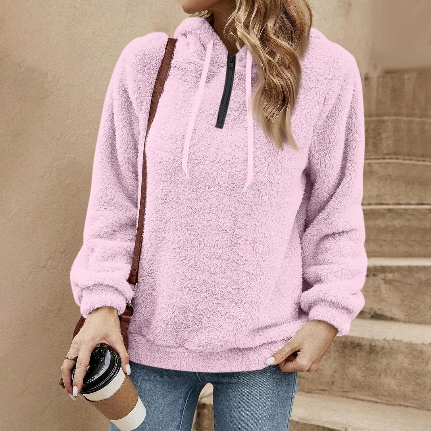 Women's Sherpa Quarter Zip Pullover Oversized Trendy comfy Hoodies Y2k Casual Drawstring Long Sleeve Sweatshirts