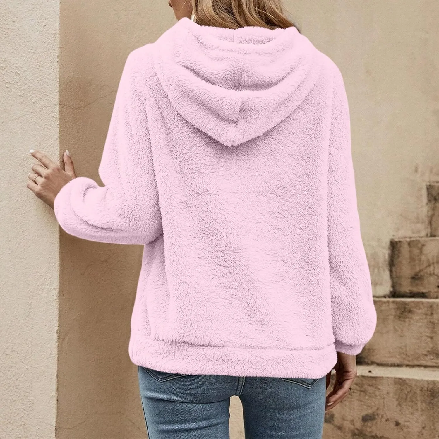 Women's Sherpa Quarter Zip Pullover Oversized Trendy comfy Hoodies Y2k Casual Drawstring Long Sleeve Sweatshirts