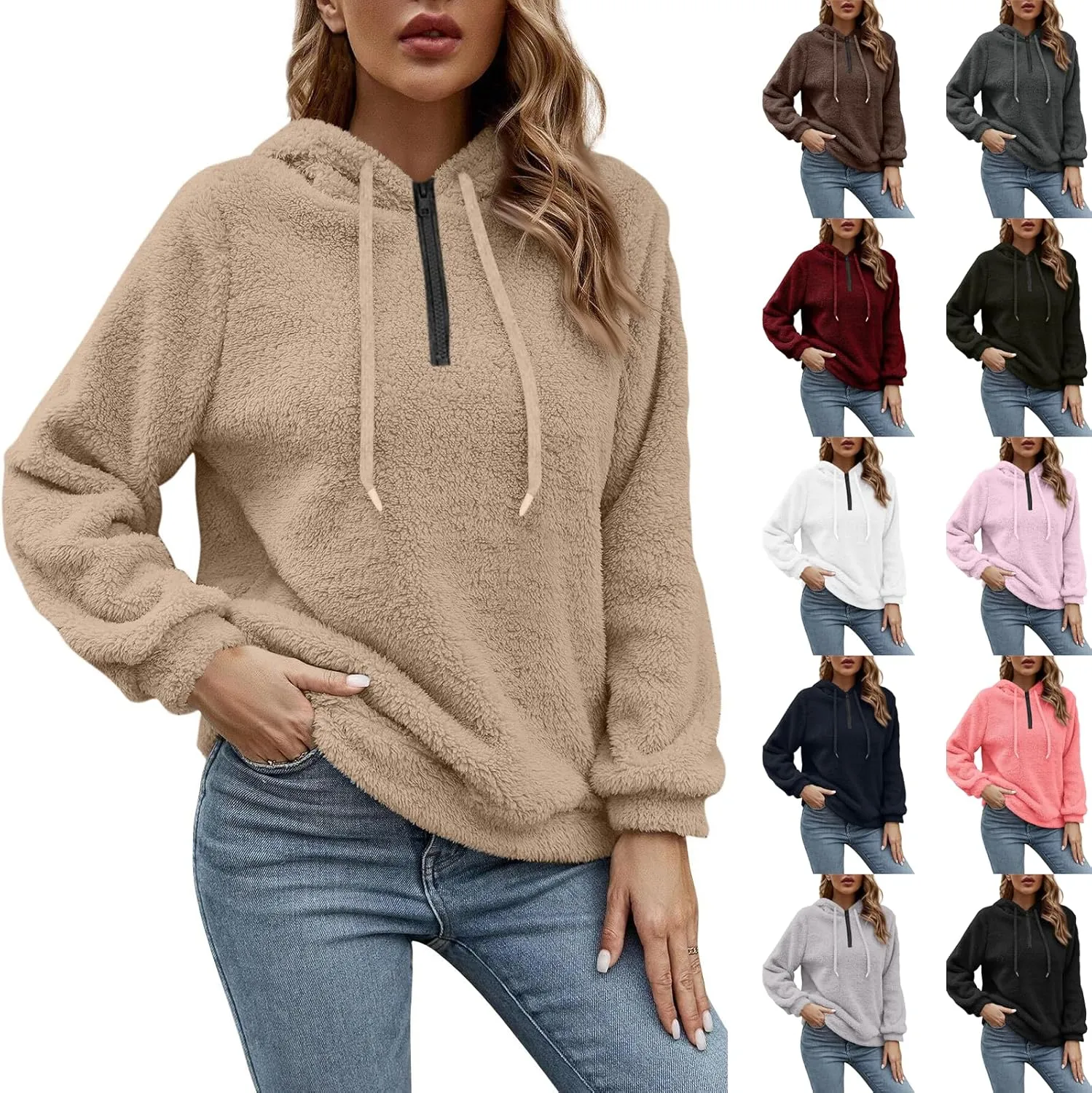 Women's Sherpa Quarter Zip Pullover Oversized Trendy comfy Hoodies Y2k Casual Drawstring Long Sleeve Sweatshirts