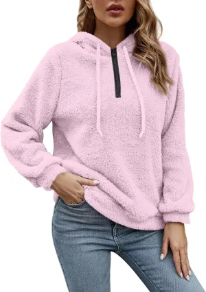 Women's Sherpa Quarter Zip Pullover Oversized Trendy comfy Hoodies Y2k Casual Drawstring Long Sleeve Sweatshirts