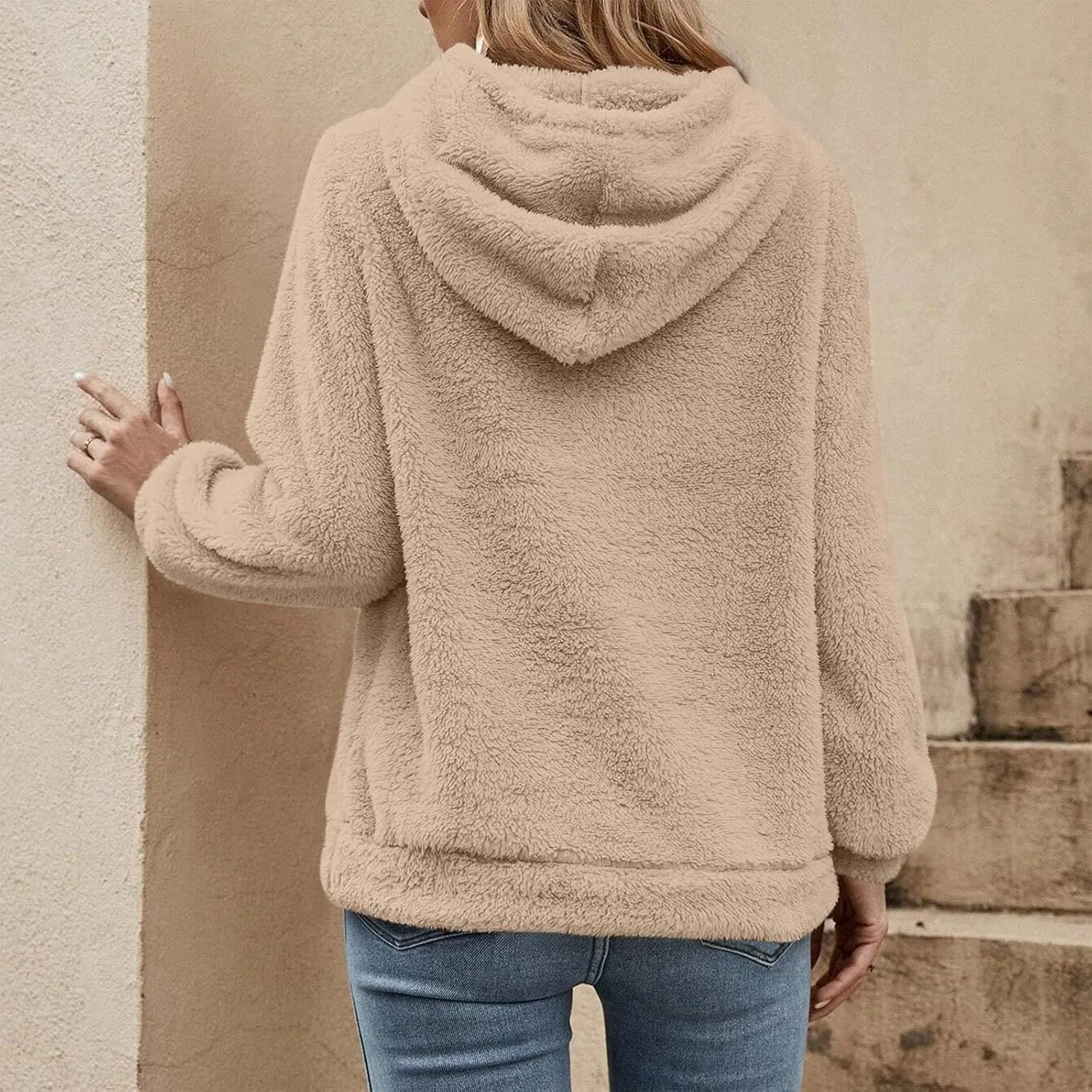 Women's Sherpa Quarter Zip Pullover Oversized Trendy comfy Hoodies Y2k Casual Drawstring Long Sleeve Sweatshirts