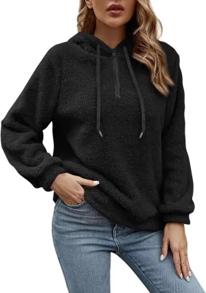 Women's Sherpa Quarter Zip Pullover Oversized Trendy comfy Hoodies Y2k Casual Drawstring Long Sleeve Sweatshirts