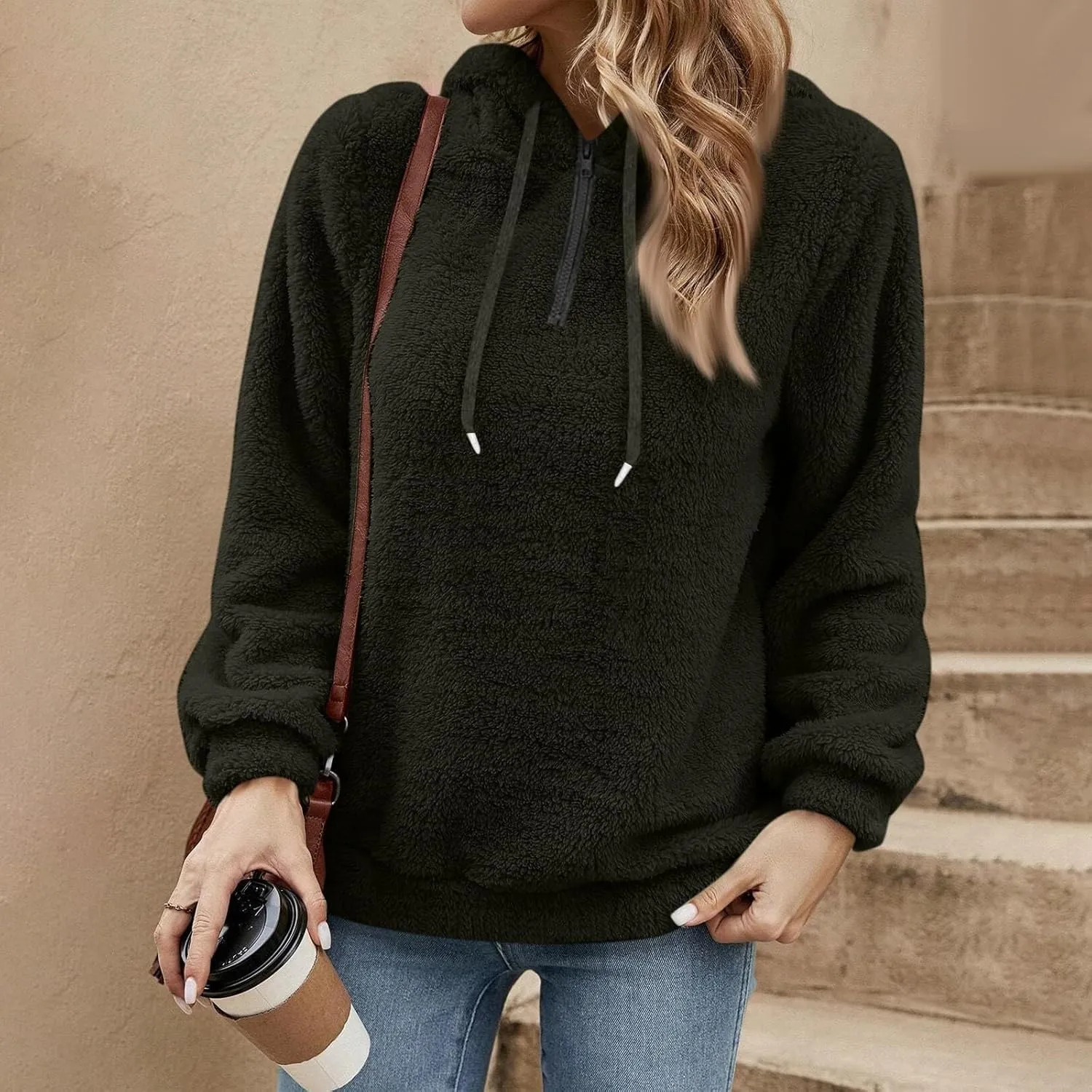 Women's Sherpa Quarter Zip Pullover Oversized Trendy comfy Hoodies Y2k Casual Drawstring Long Sleeve Sweatshirts