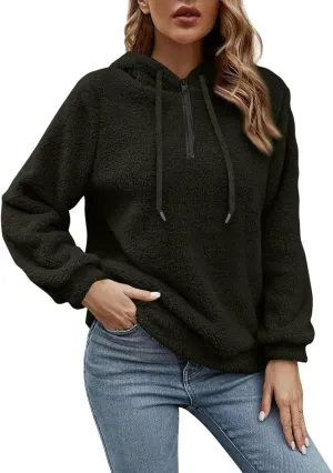 Women's Sherpa Quarter Zip Pullover Oversized Trendy comfy Hoodies Y2k Casual Drawstring Long Sleeve Sweatshirts