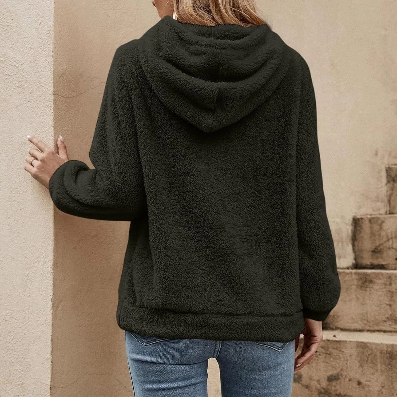 Women's Sherpa Quarter Zip Pullover Oversized Trendy comfy Hoodies Y2k Casual Drawstring Long Sleeve Sweatshirts