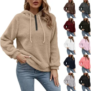Women's Sherpa Quarter Zip Pullover Oversized Trendy comfy Hoodies Y2k Casual Drawstring Long Sleeve Sweatshirts