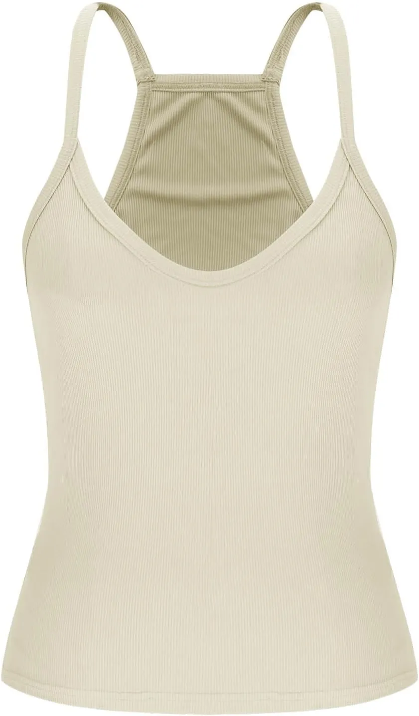 Womens Spaghetti Strap V-Neck Ribbed Tank Tops Racerback Summer Basic Camisole Going Out Slim Fit Yoga Workout Tops