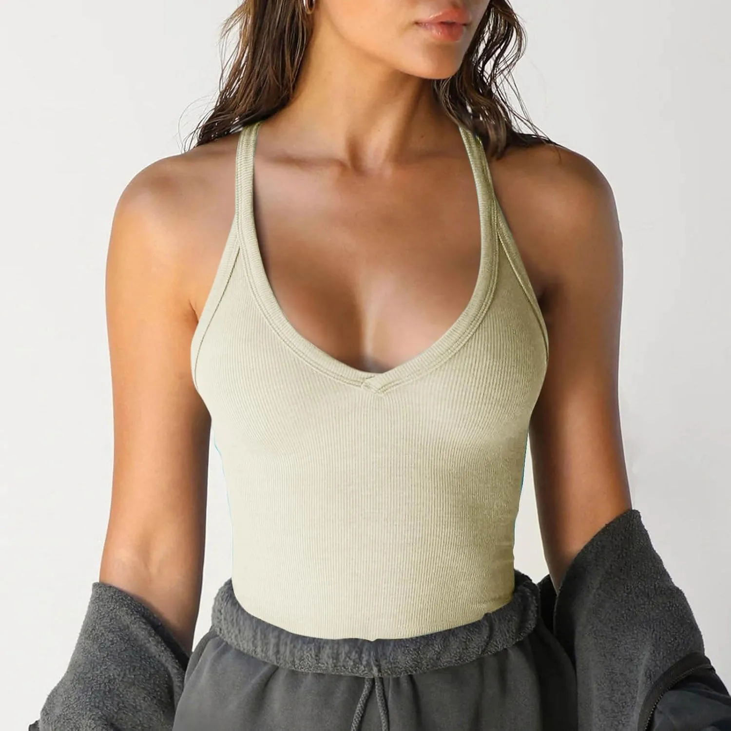 Womens Spaghetti Strap V-Neck Ribbed Tank Tops Racerback Summer Basic Camisole Going Out Slim Fit Yoga Workout Tops