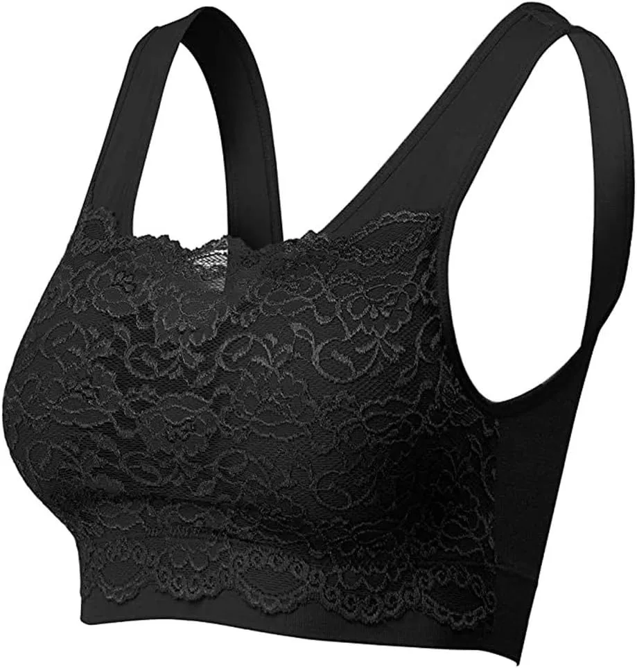 Womens Square Neck Lace Sports Bra Wirefree Padded Workout Yoga Bra Crop Tank Top Wide Strap Breathable Camisole