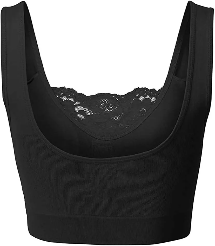Womens Square Neck Lace Sports Bra Wirefree Padded Workout Yoga Bra Crop Tank Top Wide Strap Breathable Camisole