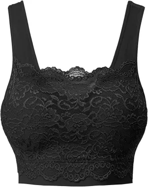 Womens Square Neck Lace Sports Bra Wirefree Padded Workout Yoga Bra Crop Tank Top Wide Strap Breathable Camisole