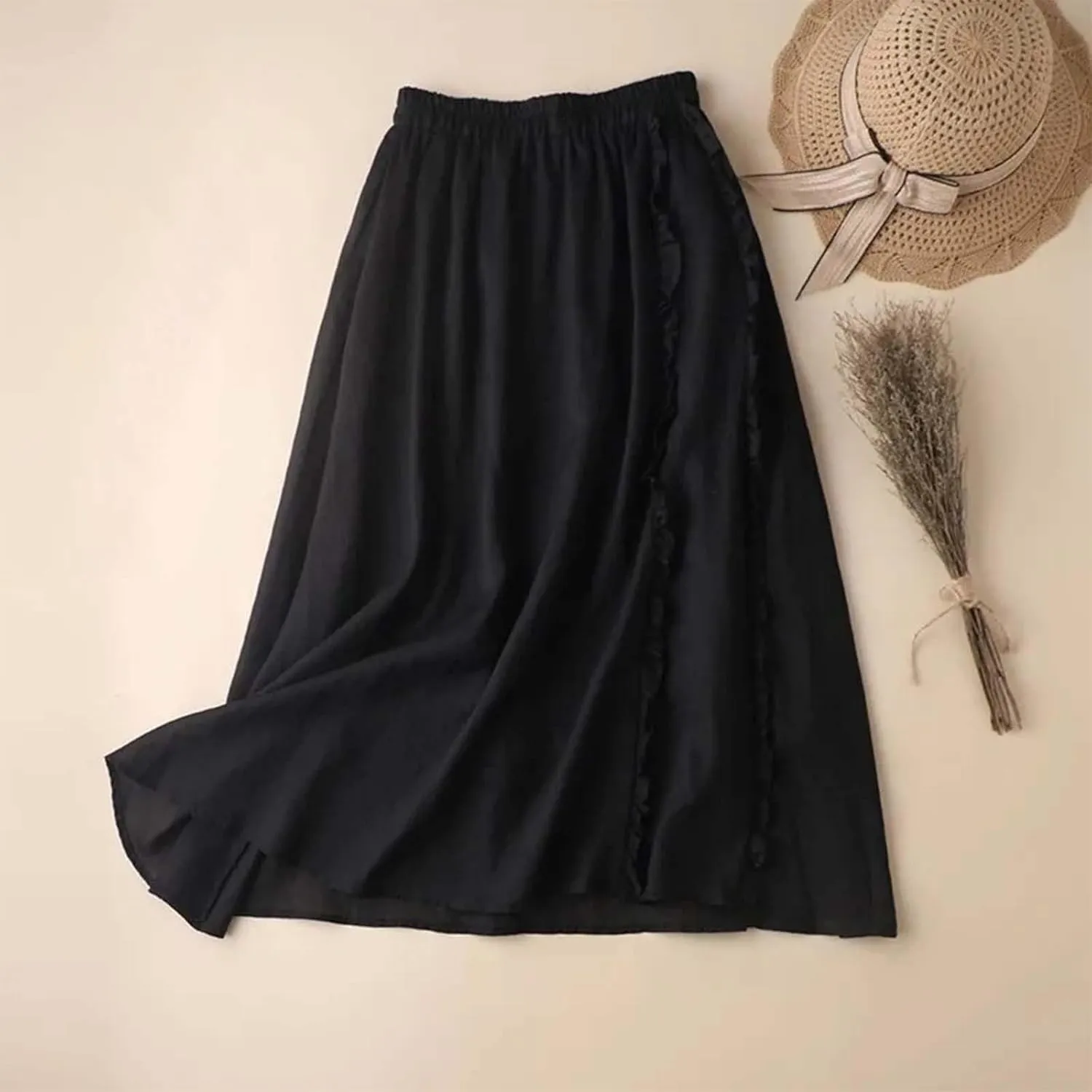 Women's Summer A Line Skirt with Elastic Waist Linen Blend Embroidered Lace Edge Casual Midi Skirt Summer Skirts
