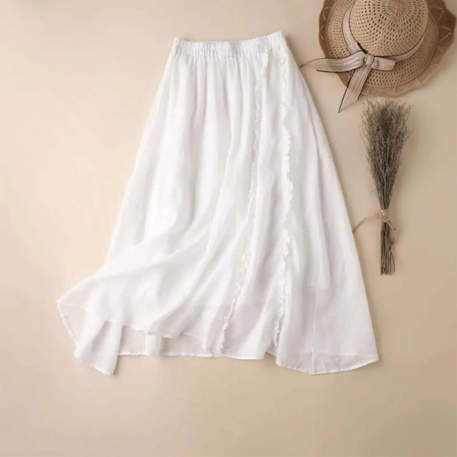 Women's Summer A Line Skirt with Elastic Waist Linen Blend Embroidered Lace Edge Casual Midi Skirt Summer Skirts