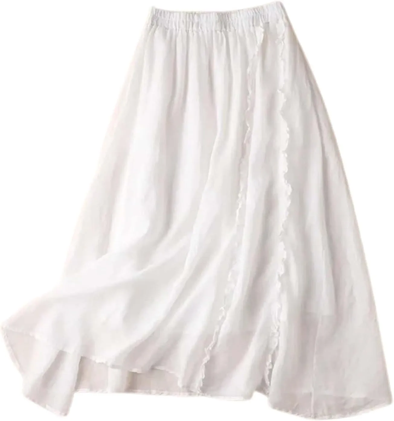 Women's Summer A Line Skirt with Elastic Waist Linen Blend Embroidered Lace Edge Casual Midi Skirt Summer Skirts
