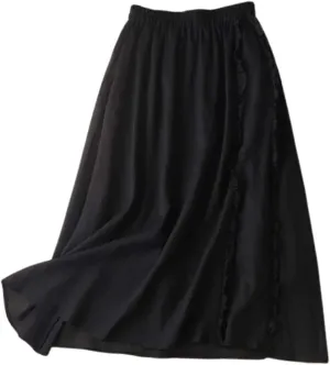 Women's Summer A Line Skirt with Elastic Waist Linen Blend Embroidered Lace Edge Casual Midi Skirt Summer Skirts