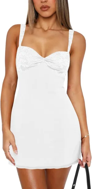 Women's Summer Mini Dresses Sleeveless Sexy Square Neck Lace Splicing Cocktail Party Straps Bodycon Dress