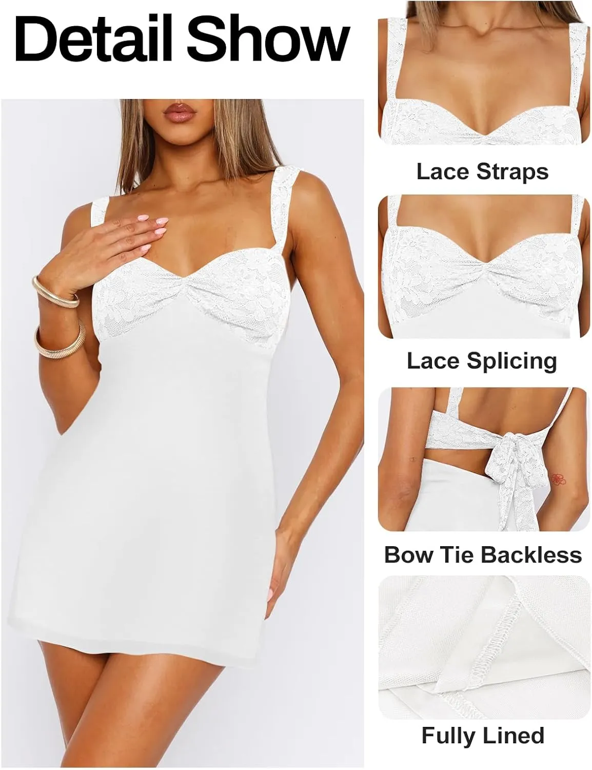 Women's Summer Mini Dresses Sleeveless Sexy Square Neck Lace Splicing Cocktail Party Straps Bodycon Dress