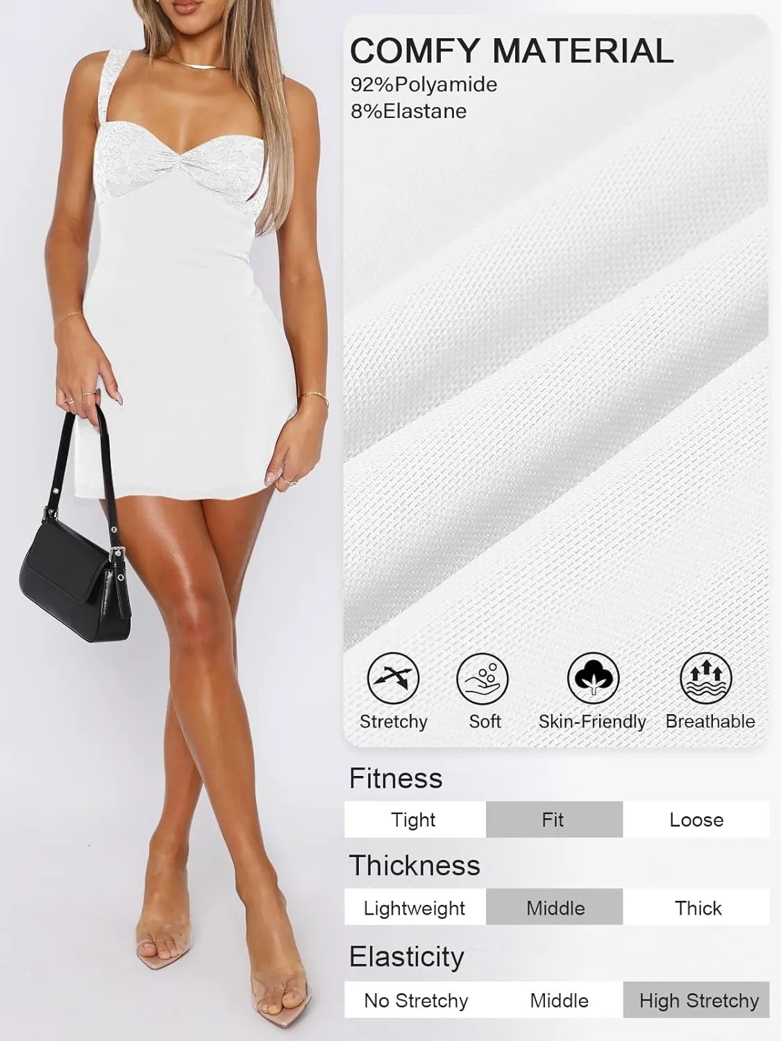 Women's Summer Mini Dresses Sleeveless Sexy Square Neck Lace Splicing Cocktail Party Straps Bodycon Dress