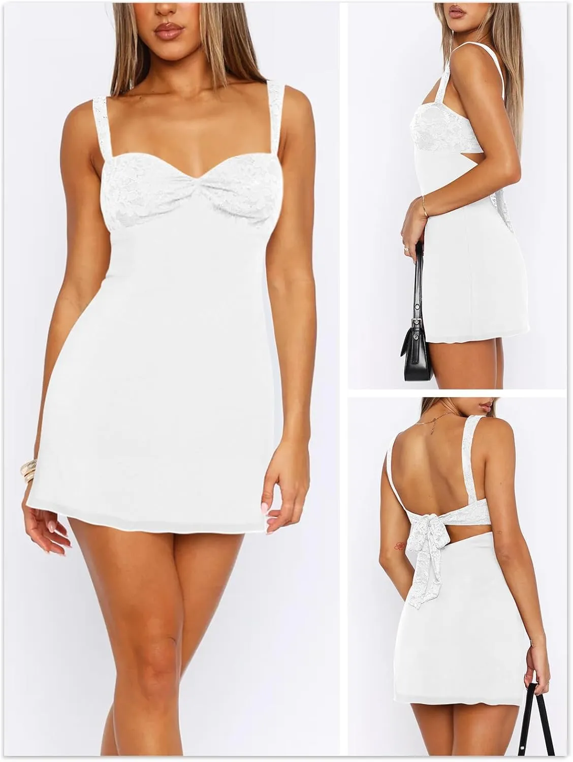 Women's Summer Mini Dresses Sleeveless Sexy Square Neck Lace Splicing Cocktail Party Straps Bodycon Dress
