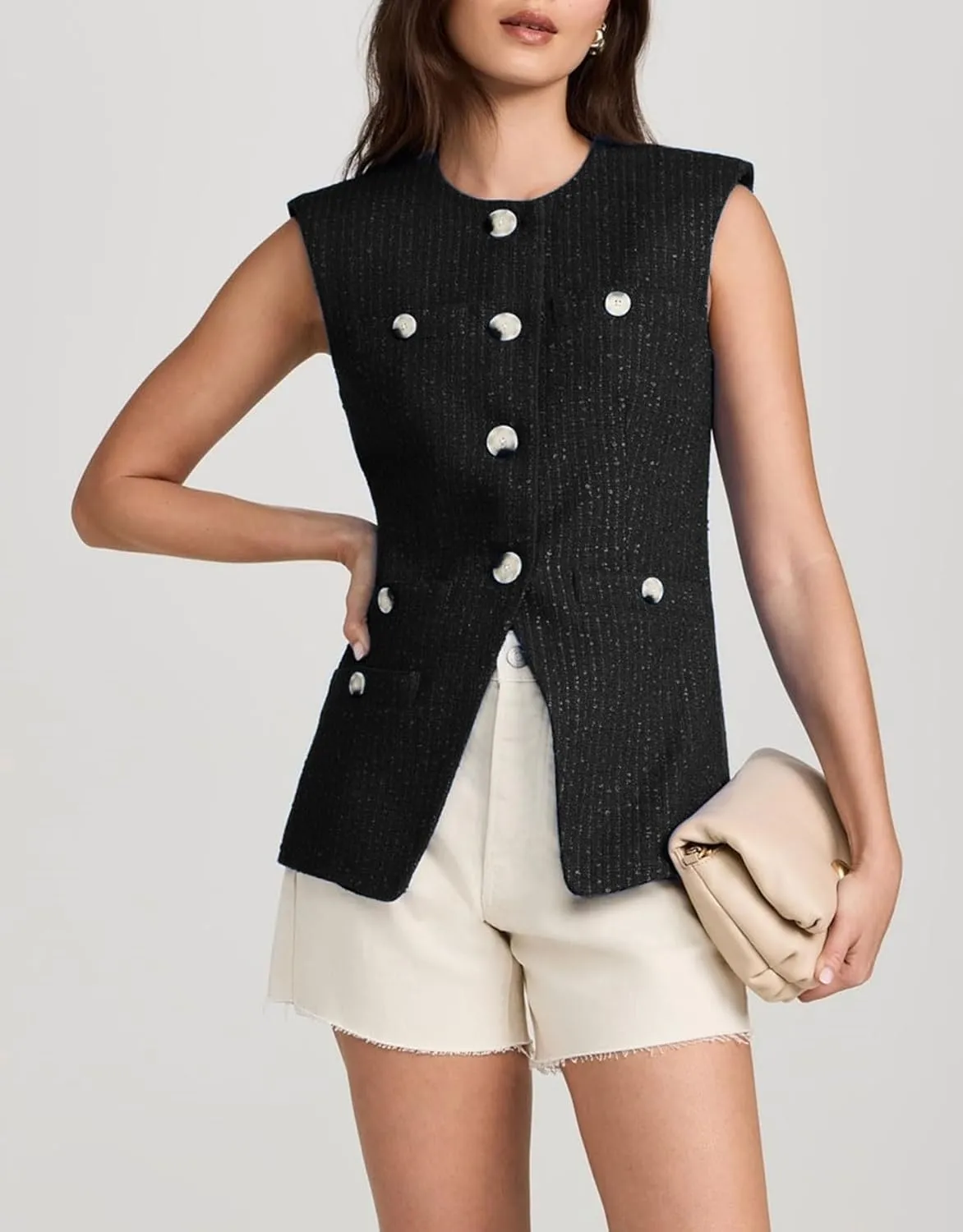 Women's Tweed Vest Sleeveless Button Down Summer Casual Blazer Jackets Collarless Work Office Vest