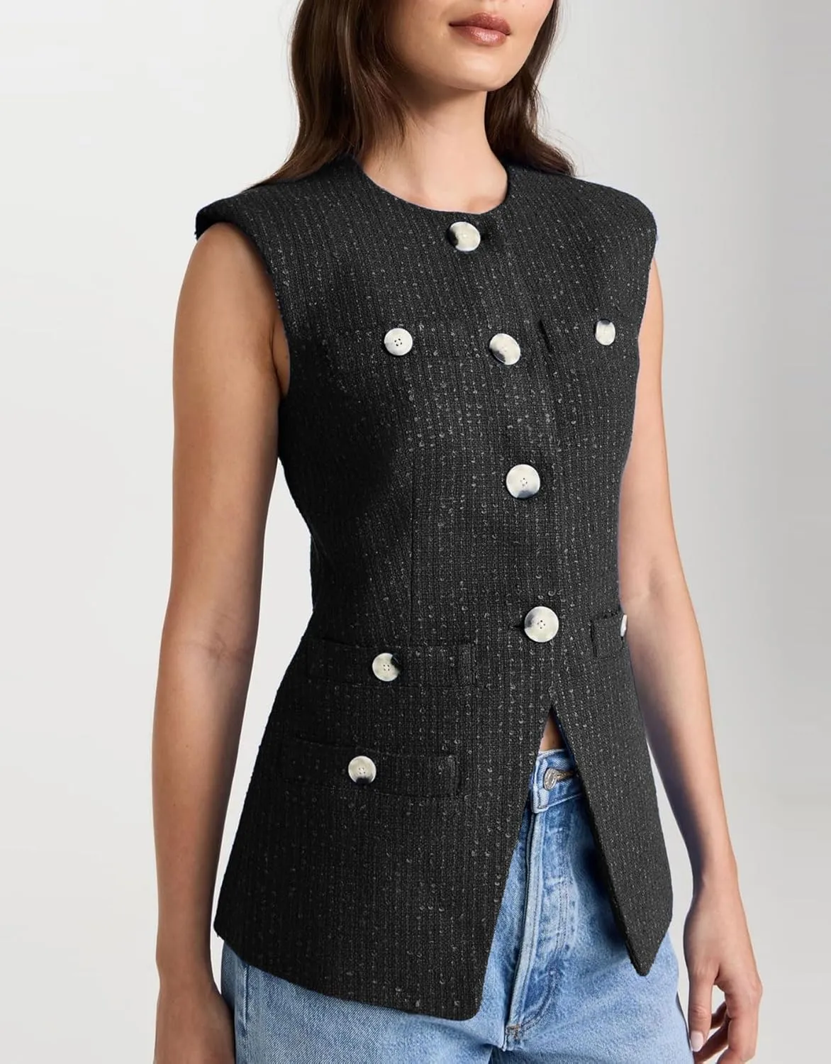 Women's Tweed Vest Sleeveless Button Down Summer Casual Blazer Jackets Collarless Work Office Vest