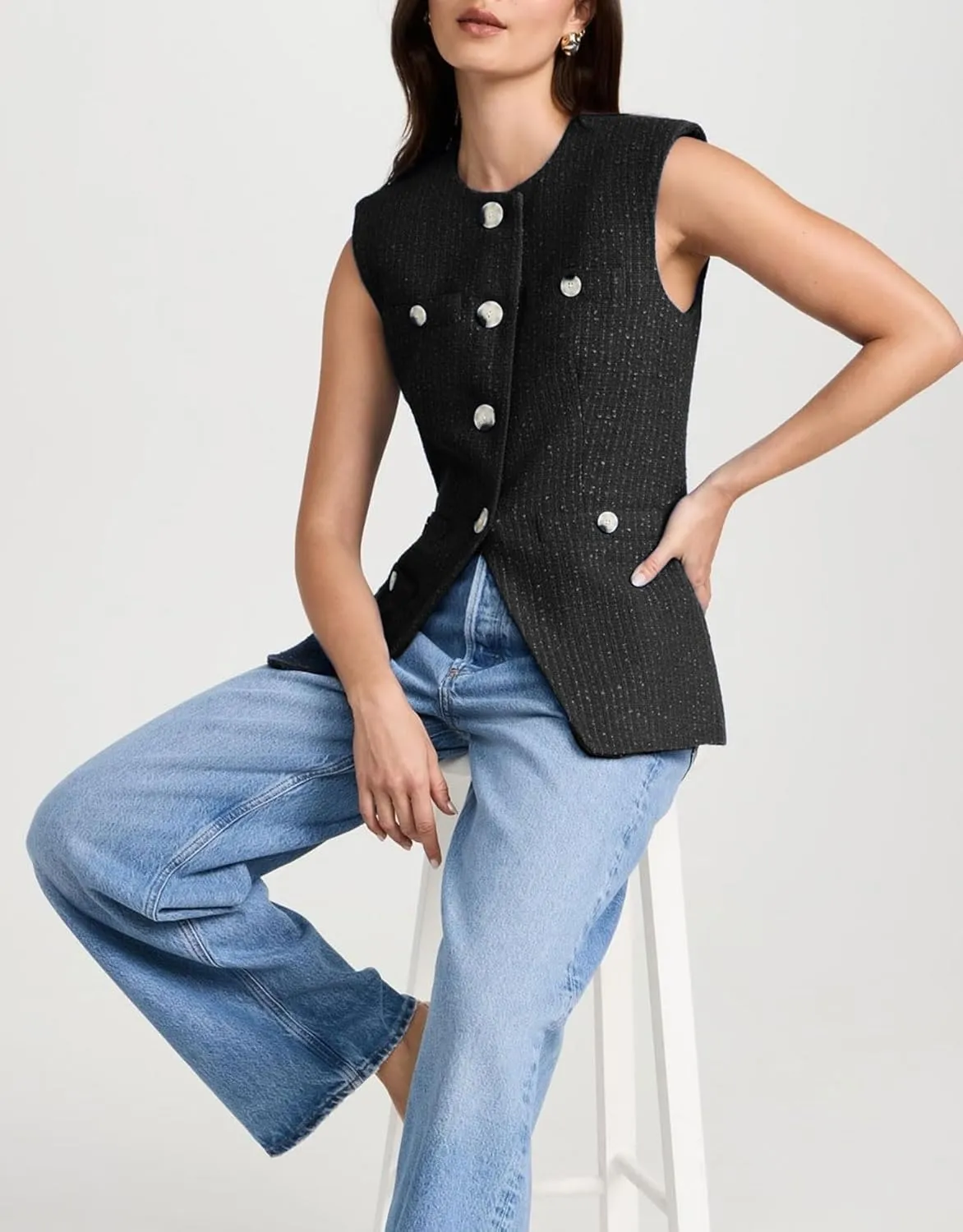 Women's Tweed Vest Sleeveless Button Down Summer Casual Blazer Jackets Collarless Work Office Vest