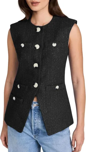 Women's Tweed Vest Sleeveless Button Down Summer Casual Blazer Jackets Collarless Work Office Vest