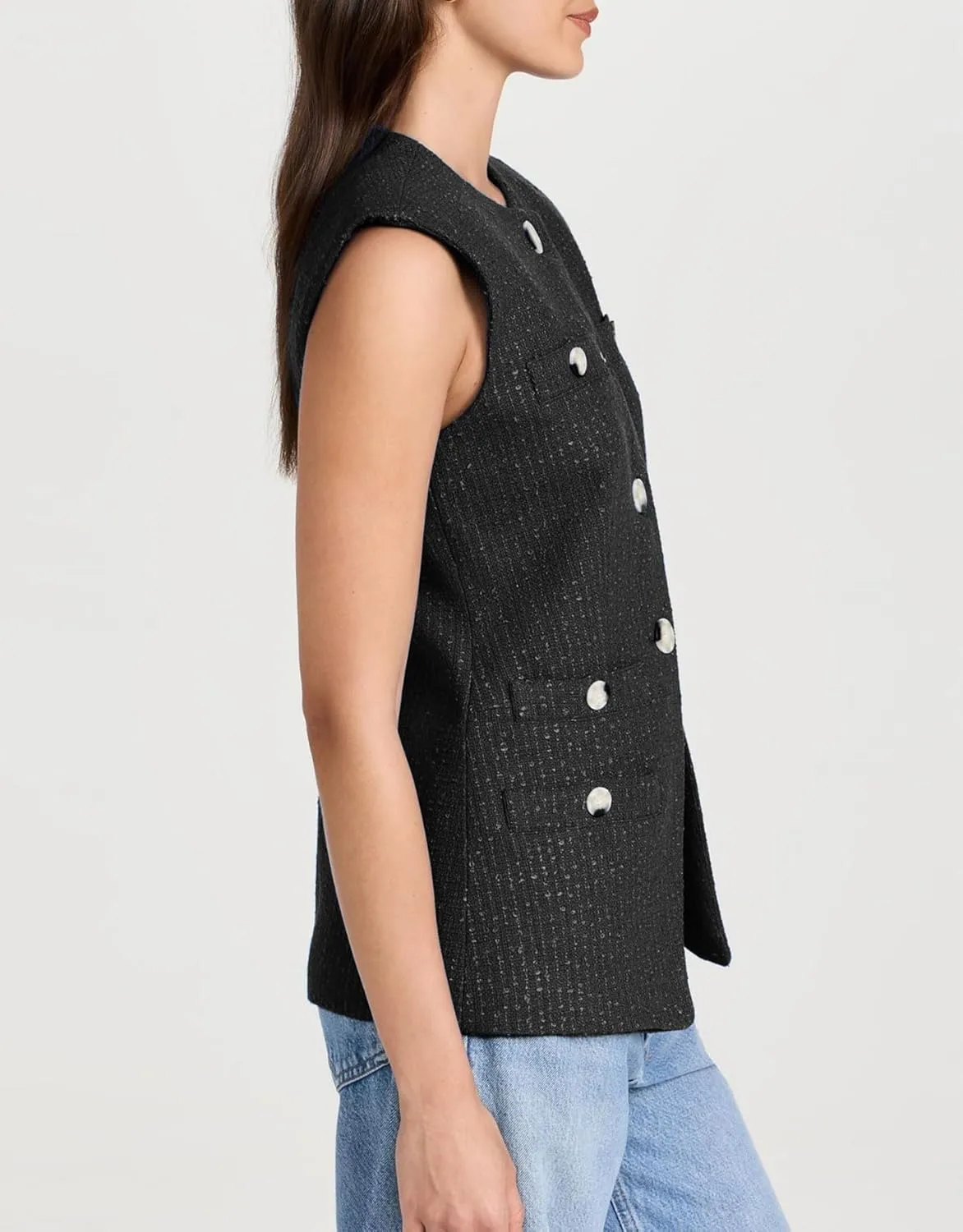 Women's Tweed Vest Sleeveless Button Down Summer Casual Blazer Jackets Collarless Work Office Vest