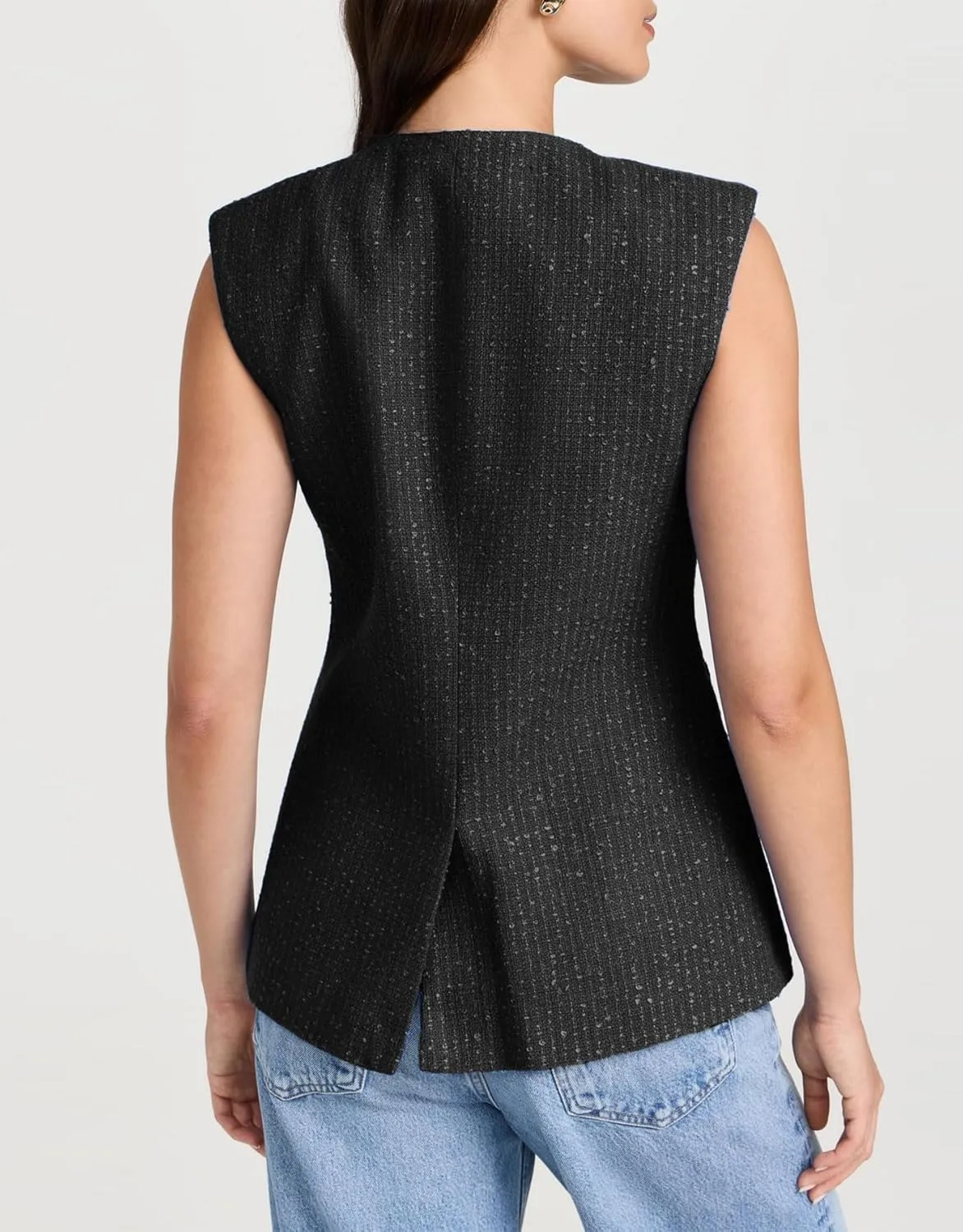 Women's Tweed Vest Sleeveless Button Down Summer Casual Blazer Jackets Collarless Work Office Vest