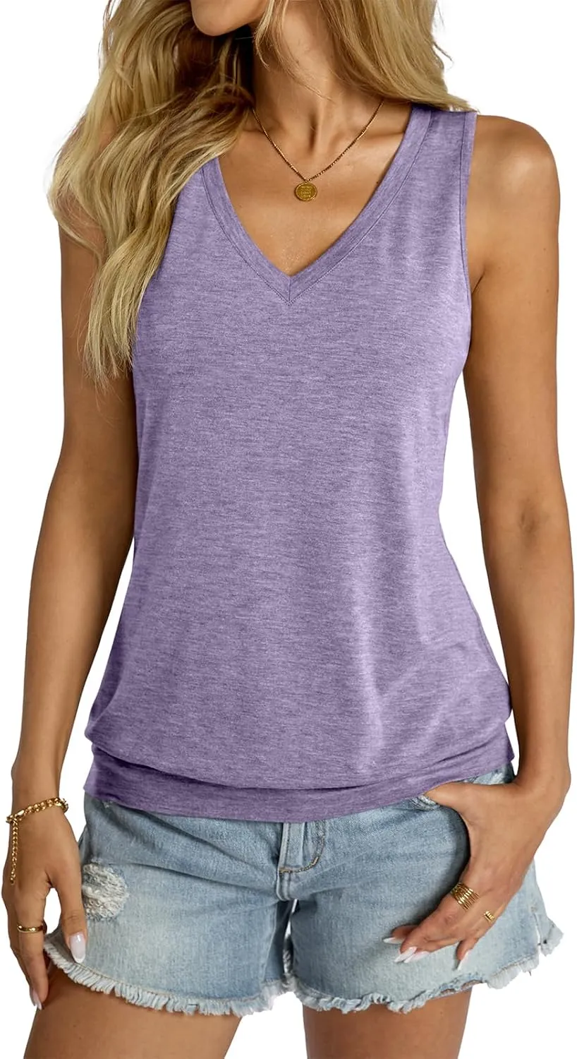 Womens V Neck Tank Tops Sleeveless Banded Hem Shirts Loose Fit Summer Outfits Clothes 2025